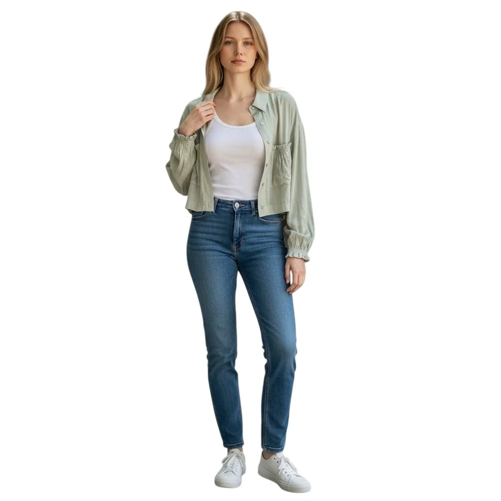 Cropped Sage Green Utility Blouse Drawstring Cinch Hem Shacket Size Medium - Picture 11 of 11